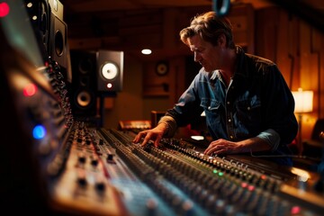 Wall Mural - A man is adjusting controls on a mixing desk in a recording studio, focusing on producing music and audio