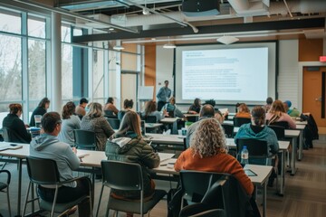 Wall Mural - Workshop setting with attendees seated at tables, focusing on projector screen in front