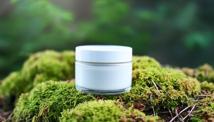 Wall Mural - White cream jar in forest on green moss. Natural cosmetic product for face, body care. Eco friendly.