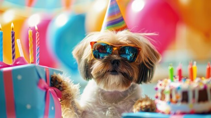 Sticker - Pawsome Birthday Bash: Small Dog in Sunglasses Celebrating Next to Cake