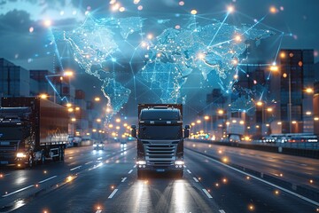 A semi-truck drives on a highway at night, with a digital world map above it, representing global logistics and transportation.