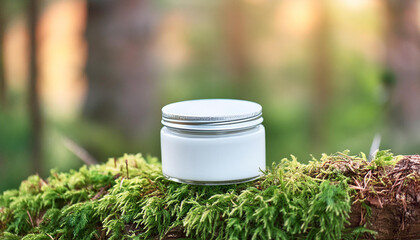 Wall Mural - White cream jar in forest on green moss. Natural cosmetic product for face, body care. Eco friendly.