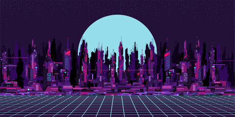 Abstract Futuristic Sci-fi Cyber Space City Landscape Vector Illustration Background Template