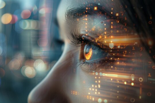 Close-up of a womans face with a futuristic image of an eye, digital data projections symbolize visualization and interpretation