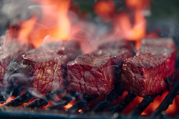 Wall Mural - Close-up of steak cubes cooking on a hot grill with flames underneath, creating a sizzling effect