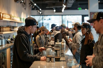 Wall Mural - Diverse group of customers standing around a busy bar counter inside a bustling coffee shop