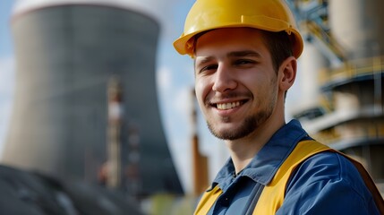 Wall Mural - Smiling Nuclear Technician Proudly Stands in Front of Industrial Power Plant