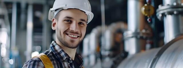 Wall Mural - Smiling Young Plant Engineer Wearing Safety Helmet and Uniform at Factory Workplace