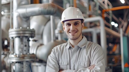 Wall Mural - Smiling Young Plant Engineer Working at Industrial Facility