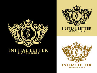 Wall Mural - Luxury royal wing Letter I Logo vector, Luxury wing crown emblem alphabets logo design template