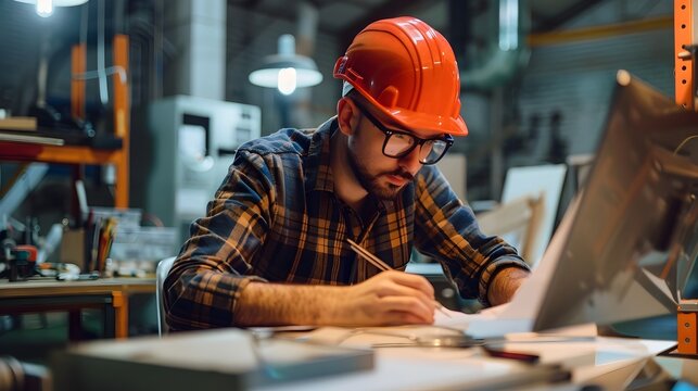 Young Assistant Engineer Actively Working on Project Plans in Industrial Workshop