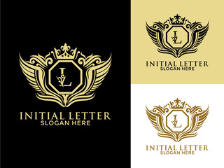 Wall Mural - Luxury royal wing Letter L Logo vector, Luxury wing crown emblem alphabets logo design template
