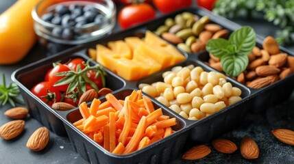 High protein snacks such as cheese sticks and almonds in the lunch box