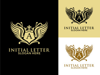Wall Mural - Luxury royal wing Letter A Logo vector, Luxury wing crown emblem alphabets logo design template