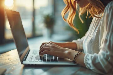 Wall Mural - Person typing laptop table