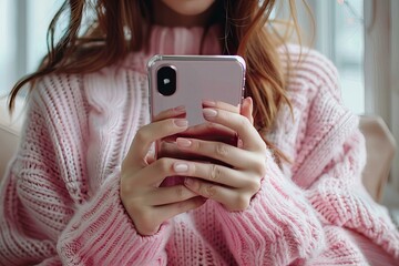 Poster - Woman in pink sweater using pink cell phone