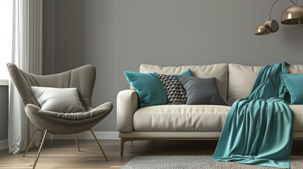 Sticker - a cozy Mid-Century Modern living room with taupe walls adorned with teal accent pillows on a plush taupe sofa, a teal-colored accent chair