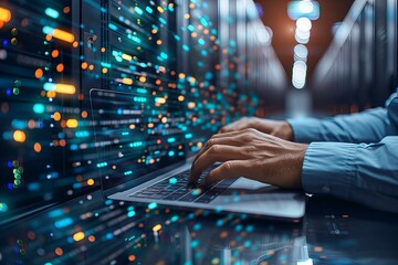 Person typing on laptop in server room