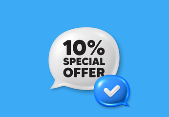 Wall Mural - 10 percent discount offer tag. Text box speech bubble 3d icons. Sale price promo sign. Special offer symbol. Discount chat offer. Speech bubble banner. Text box balloon. Vector