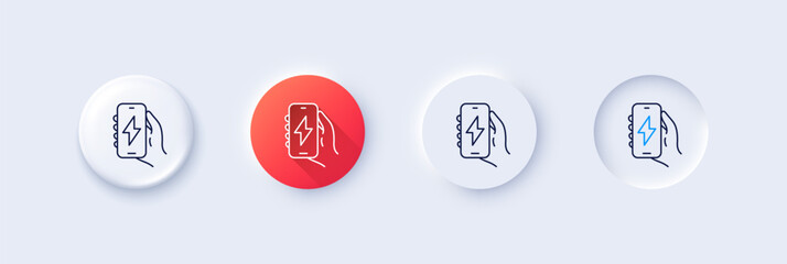 Wall Mural - Charging app line icon. Neumorphic, Red gradient, 3d pin buttons. Hand hold phone sign. Cellphone with screen notification symbol. Line icons. Neumorphic buttons with outline signs. Vector