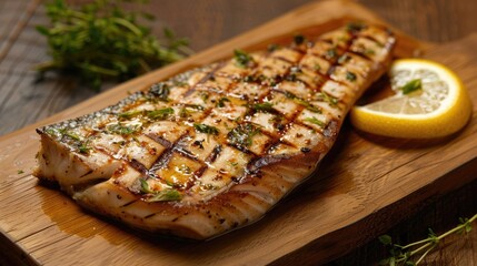 Poster - Freshly grilled fish served on a wooden cutting board. Great for food and cooking concepts