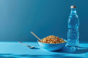 Canvas Print - A bowl of cereal next to a bottle of water. Perfect for breakfast concept