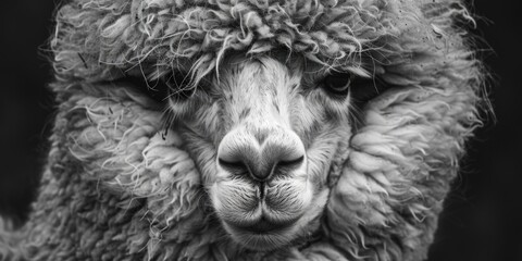 Wall Mural - Black and white photo of an alpaca, perfect for nature and animal themed projects