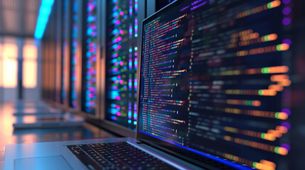 close-up on a laptop screen filled with code and cloud service apis, set against the blurred, dynami