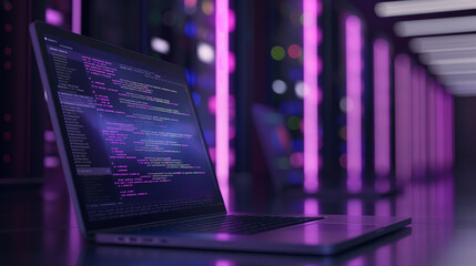 Wall Mural - laptop screen displaying intricate cloud service api code, with a sleek, blurred data center in the 