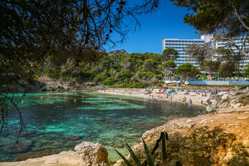 Wall Mural - Font de Sa Cala beach in Mallorca, featuring clear turquoise waters surrounded by rocky outcrops, lush greenery, and a hotel in the background