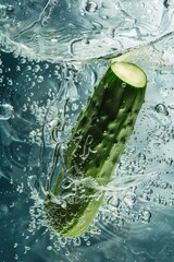 Canvas Print - A cucumber floating in water, suitable for food and health-related concepts