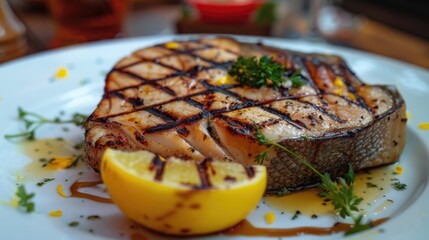 Wall Mural - A delicious grilled steak served with a fresh lemon slice, perfect for food and restaurant concepts