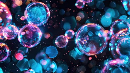 Fluorescent liquid bubbles suspended in black glow backgrounds