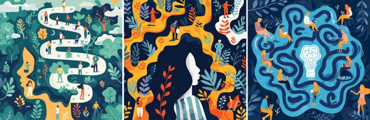 Wall Mural - important memory moments cartoon vector concepts. men woman labyrinth road plants direction after tr