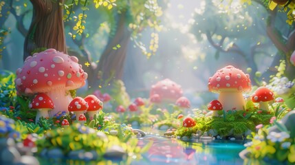 Cheerful natural scene with whimsical pond, scattered mushrooms, and lush trees in a vibrant, playful clay animation style.