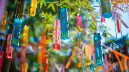 Wall Mural - The Japanese Tanabata Festival. Making wishes on a piece of tandzak. A celebration of the arts. Decorating the street during the celebration. Garlands of a wish list