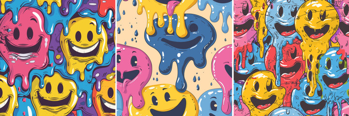 Wall Mural - Melting emoji cartoon vector illustrations. Liquid flowing colorful funny face smile emoticon pattern, splendid concepts