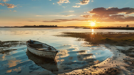 Wall Mural - Lonely boat at sunset on tranquil lake shore