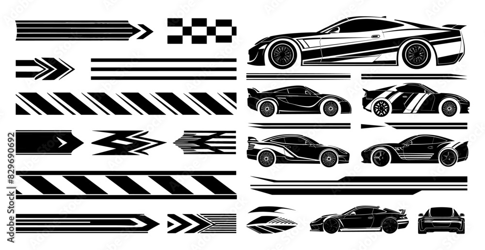 Tape auto stickers ink sketch vector set. Lightning lines checkered ...