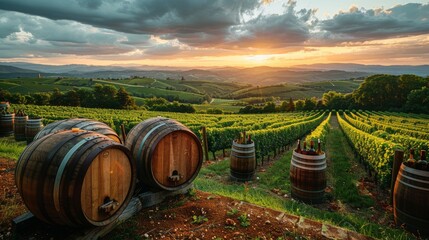 Wall Mural - A captivating sunset view over a vineyard with wine barrels in the foreground, symbolizing winemaking