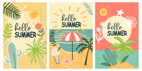 Hello summer posters set in abstract style. Creative typography vector banner. Tropical summer beach background. Card, poster, cover set. Vector flat illustration.