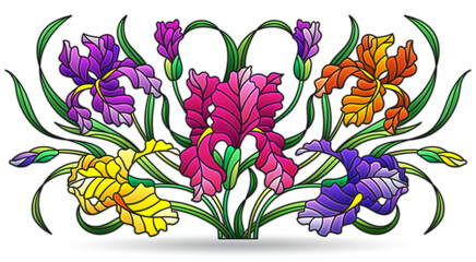 Wall Mural - A stained glass illustration with composition of iris flowers, isolated on a white background