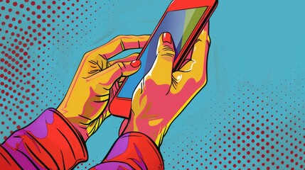 Hands holding a smartphone, texting or scrolling, in pop art comic style