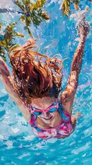 Wall Mural - oil painting of swimming in the pool, woman with long wavy red hair wearing a pink and blue pastel neon suit floating underwater, which in Generate AI