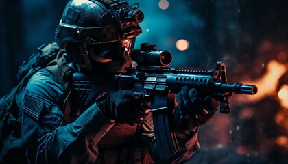 Soldier aiming rifle in tactical gear dramatic bluered lighting