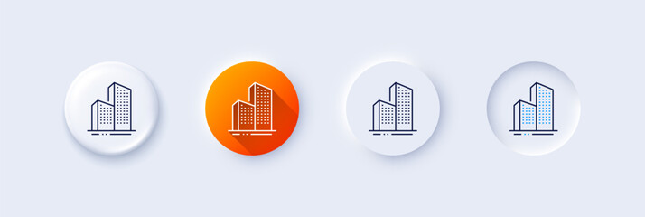 Wall Mural - Skyscraper buildings line icon. Neumorphic, Orange gradient, 3d pin buttons. City architecture sign. Town symbol. Line icons. Neumorphic buttons with outline signs. Vector