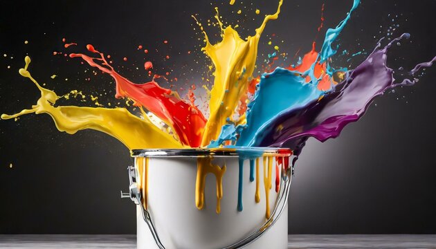 paint can and brush, Wall paint bucket with multicolor paint splash in motion on isolated white background