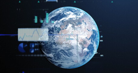 Wall Mural - a digital representation of earth with various data charts and graphs overlaying image