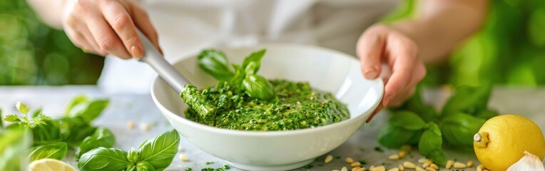 A person is energetically stirring a bowl of vibrant green pesto sauce
