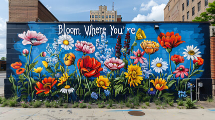 Wall Mural - Graffiti mural depicting colorful bouquet of flowers with the words Bloom Where You're Planted in dynamic lettering encouraging growth and resilience in any environment